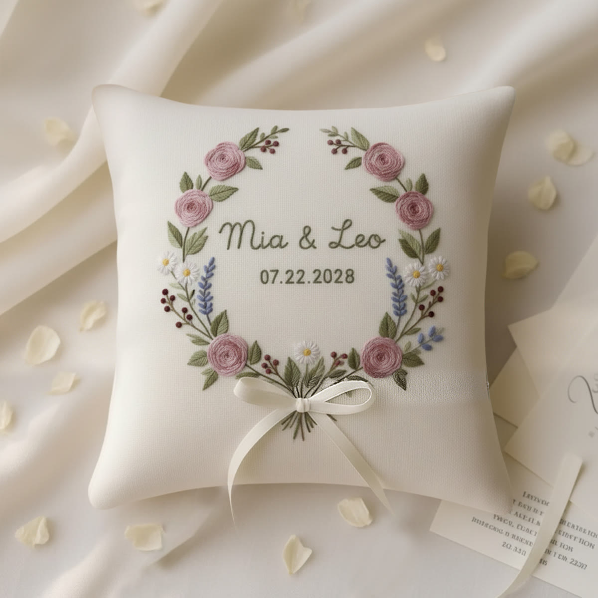 Rubbyoo Personalized Ring Bearer Pillow Embroidery Kit - Pink Rose Wreath With Text  | Beginner Diy Holding Rings | Anniversary Gifts - 6 inches hoop kit - image 1