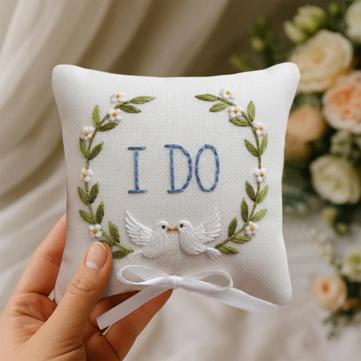 Rubbyoo Personalized Ring Bearer Pillow Embroidery Kit - I Do White Doves Wreath | Personal Handmade Gift  | Proposal Gifts - image 3