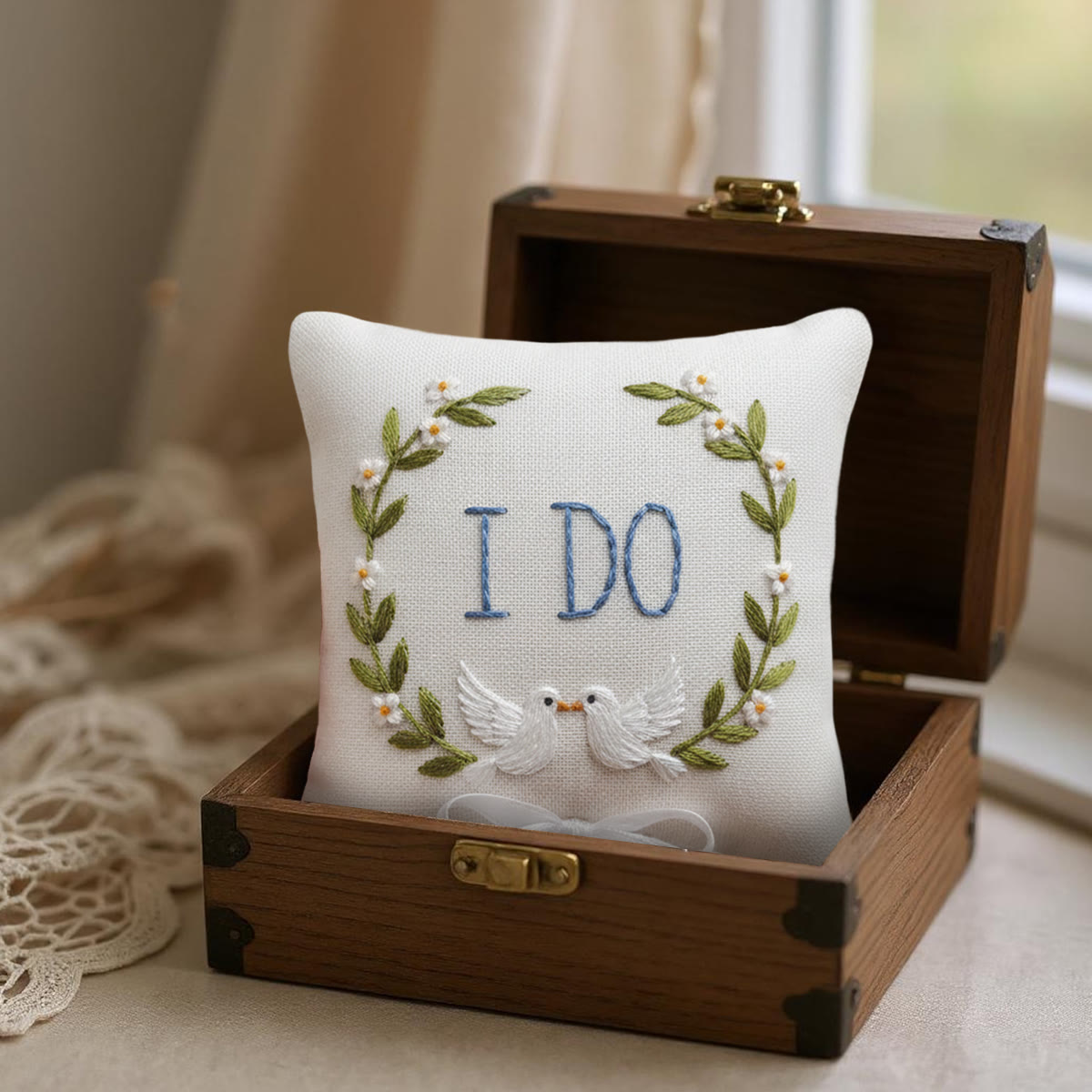 Rubbyoo Personalized Ring Bearer Pillow Embroidery Kit - I Do White Doves Wreath | Personal Handmade Gift  | Proposal Gifts - image 2