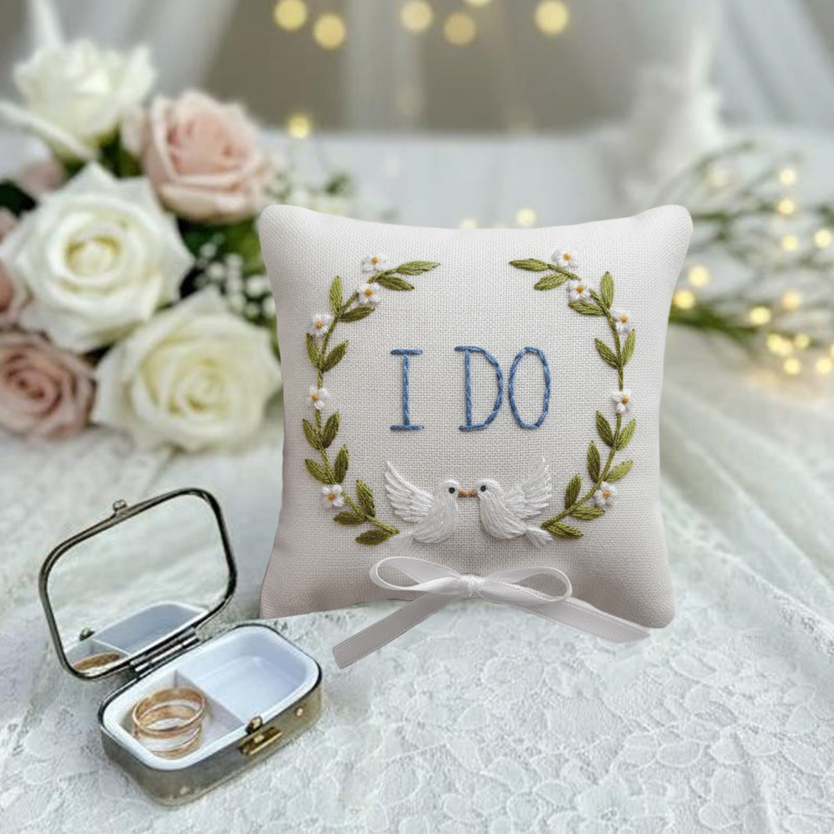 Rubbyoo Personalized Ring Bearer Pillow Embroidery Kit - I Do White Doves Wreath | Personal Handmade Gift  | Proposal Gifts - image 4