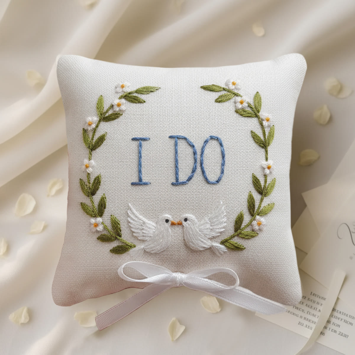 Rubbyoo Personalized Ring Bearer Pillow Embroidery Kit - I Do White Doves Wreath | Personal Handmade Gift  | Proposal Gifts - 6 inches hoop kit - image 1