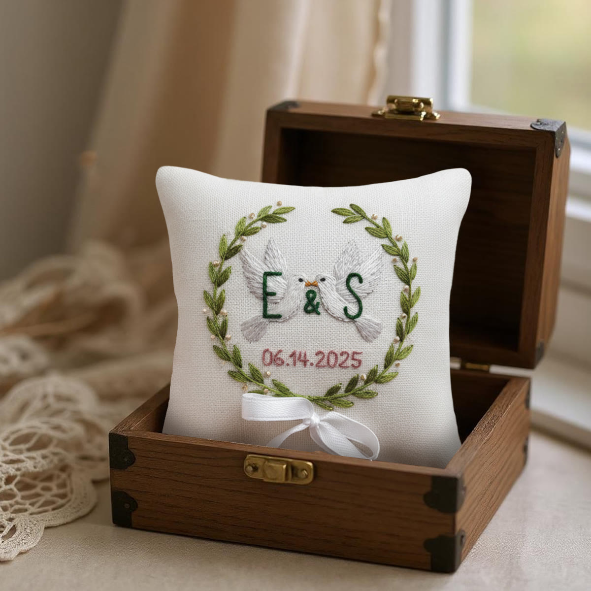 Rubbyoo Personalized Ring Bearer Pillow Embroidery Kit - White Doves Initials Wreath With Date | Gift-giving Top Pick Handcraft | Elegant Decor Pieces - image 2