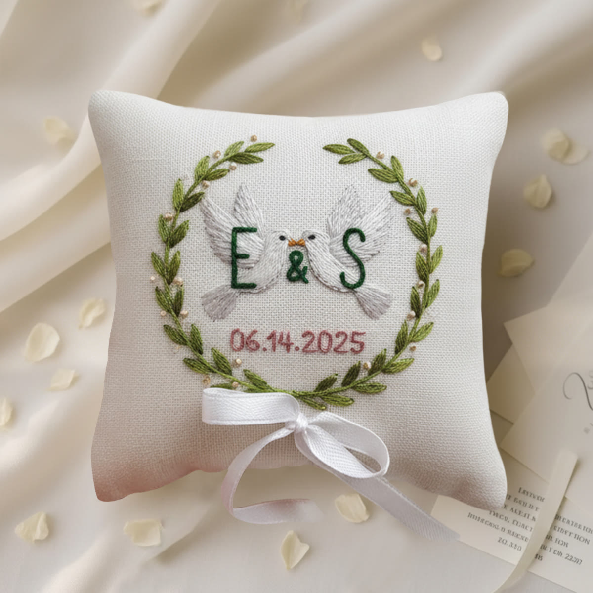 Rubbyoo Personalized Ring Bearer Pillow Embroidery Kit - White Doves Initials Wreath With Date | Gift-giving Top Pick Handcraft | Elegant Decor Pieces - 6 inches hoop kit - image 1