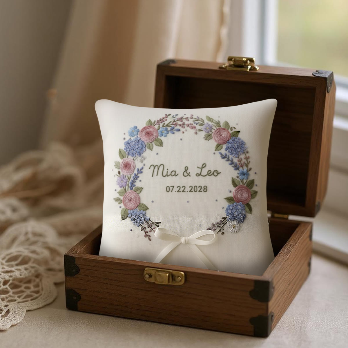 Rubbyoo Personalized Ring Bearer Pillow Embroidery Kit - Pink Rose Hydrangea Floral Wreath | Bespoke Handmade Work | Wedding Table Accents - image 2