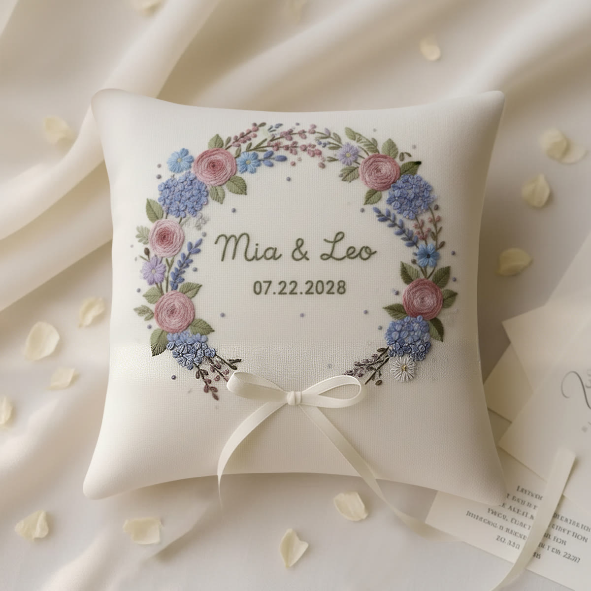 Rubbyoo Personalized Ring Bearer Pillow Embroidery Kit - Pink Rose Hydrangea Floral Wreath | Bespoke Handmade Work | Wedding Table Accents - 6 inches hoop kit - image 1