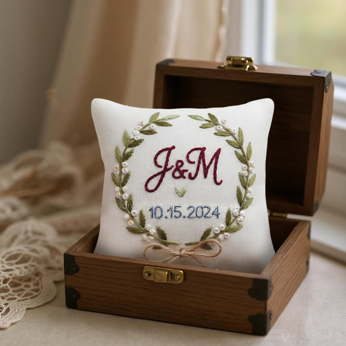 Rubbyoo Personalized Ring Bearer Pillow Embroidery Kit - Pearl-adorned Leaf Wreath With Initials | Tailor-made Handcraft | Wedding Ceremony Touches - image 2
