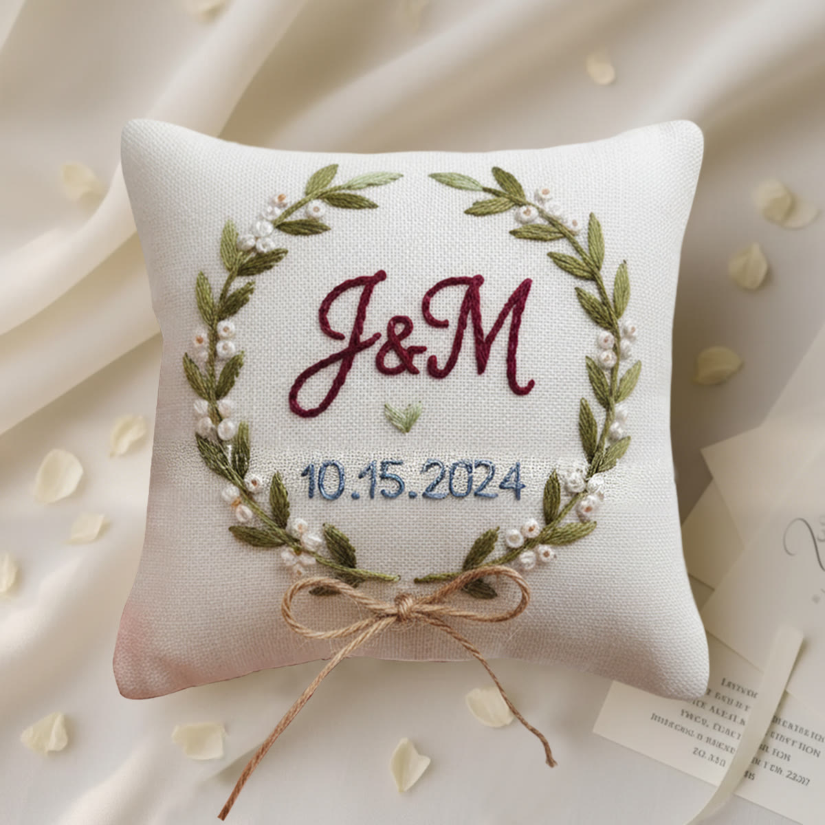 Rubbyoo Personalized Ring Bearer Pillow Embroidery Kit - Pearl-adorned Leaf Wreath With Initials | Tailor-made Handcraft | Wedding Ceremony Touches - 6 inches hoop kit - image 1