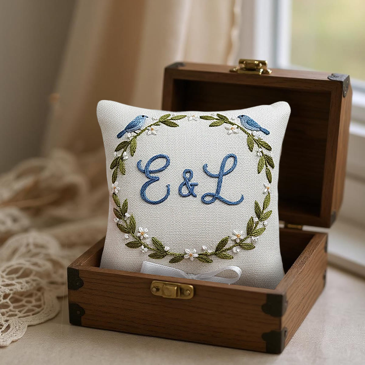 Rubbyoo Personalized Ring Bearer Pillow Embroidery Kit - Blue Birds Initials-adorned Wreath | Exquisite Decor Piece | Anniversary Gifting - image 2