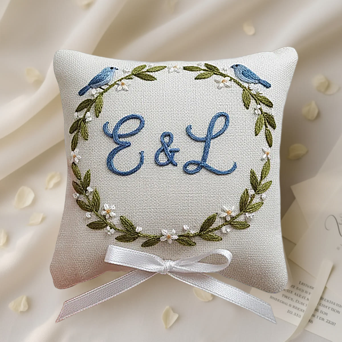 Rubbyoo Personalized Ring Bearer Pillow Embroidery Kit - Blue Birds Initials-adorned Wreath | Exquisite Decor Piece | Anniversary Gifting - 6 inches hoop kit - image 1