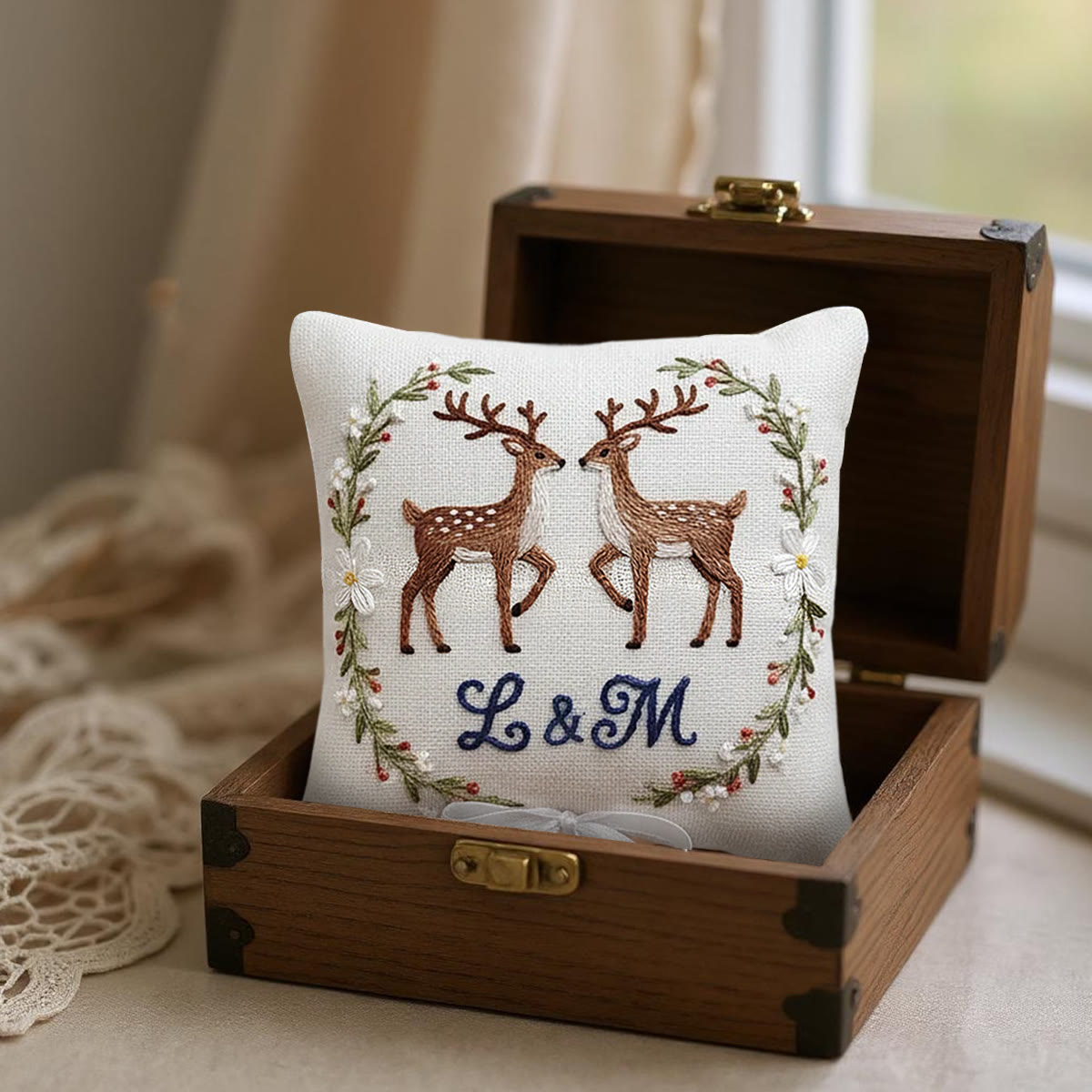 Rubbyoo Personalized Ring Bearer Pillow Embroidery Kit - Twin Deer Monogram Floral Wreath | Adorable Decor Item | Cozy Living Space Accents - image 2