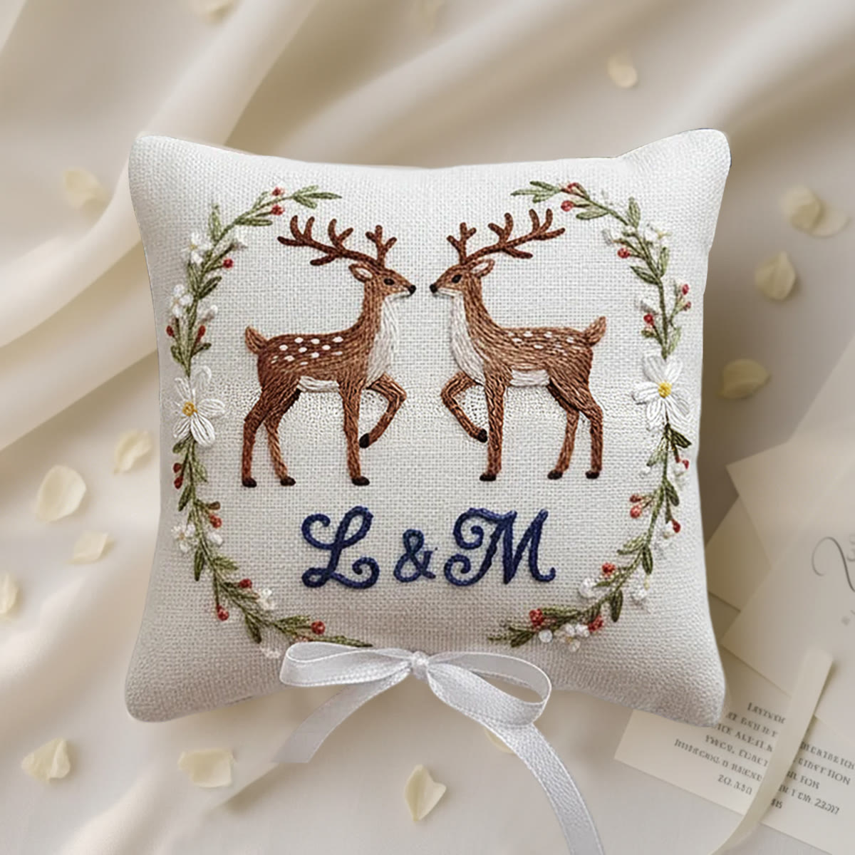 Rubbyoo Personalized Ring Bearer Pillow Embroidery Kit - Twin Deer Monogram Floral Wreath | Adorable Decor Item | Cozy Living Space Accents - 6 inches hoop kit - image 1