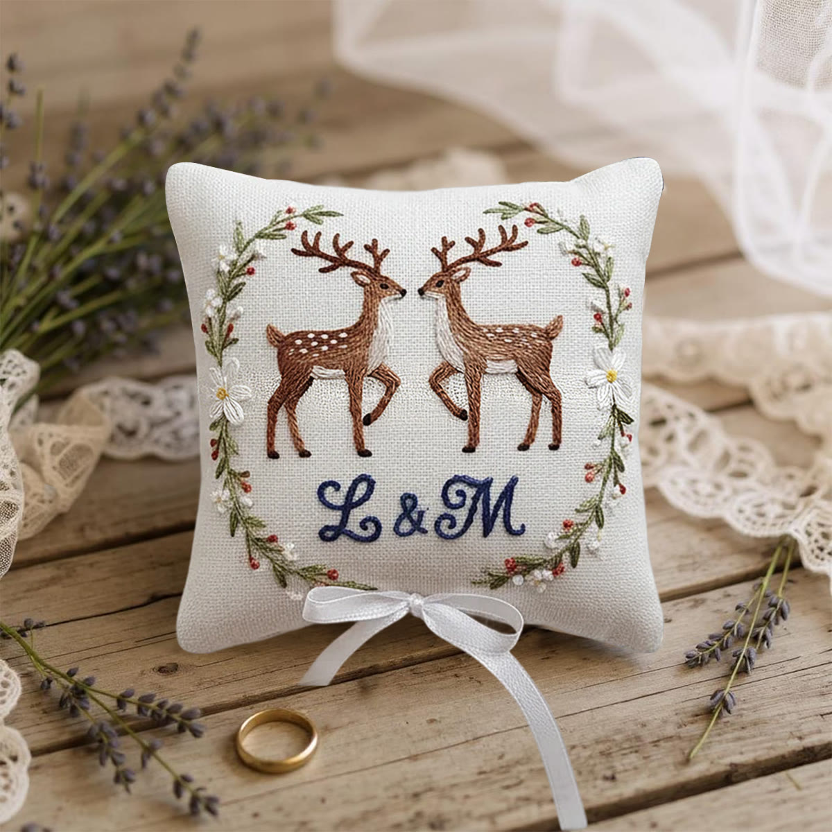 Rubbyoo Personalized Ring Bearer Pillow Embroidery Kit - Twin Deer Monogram Floral Wreath | Adorable Decor Item | Cozy Living Space Accents - image 9