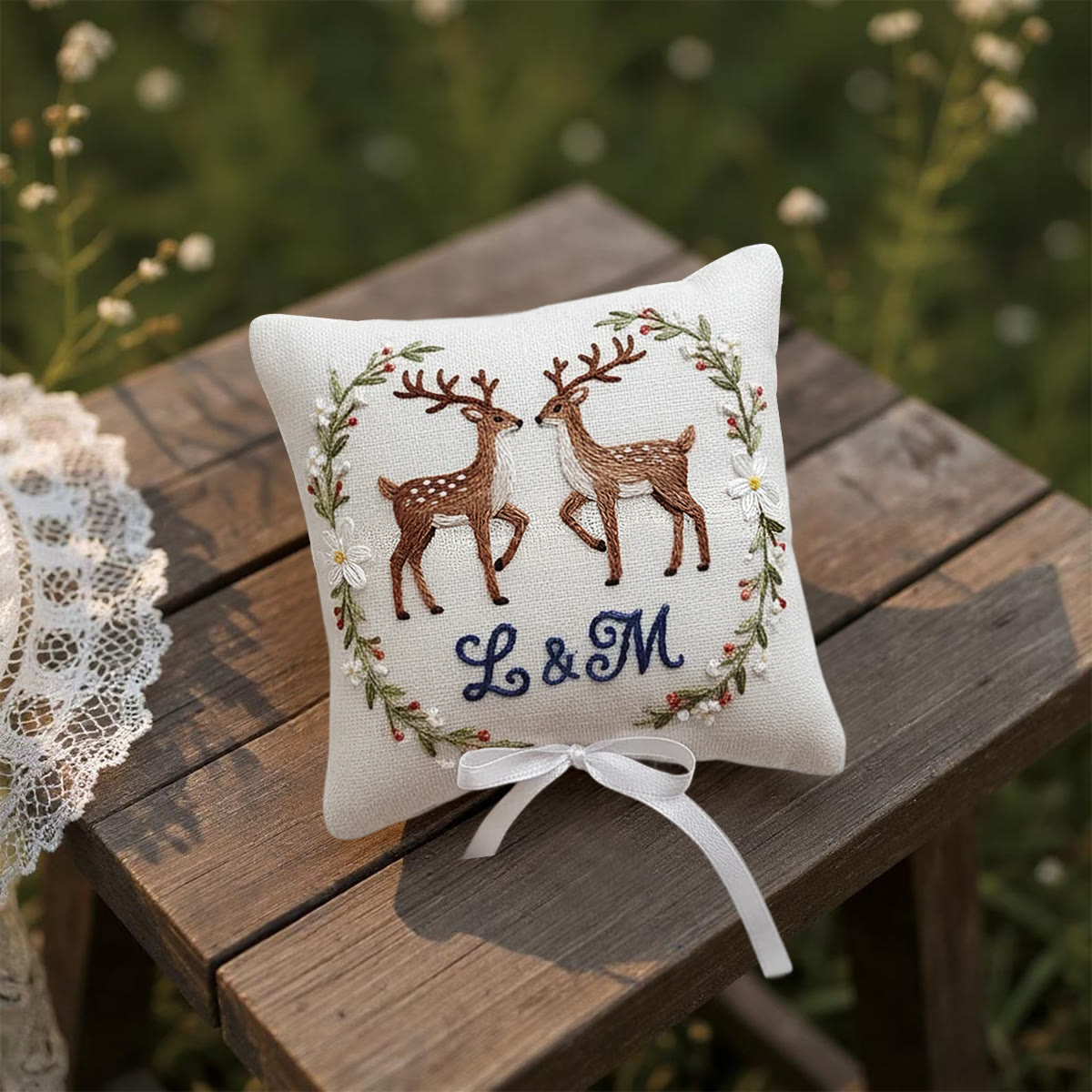 Rubbyoo Personalized Ring Bearer Pillow Embroidery Kit - Twin Deer Monogram Floral Wreath | Adorable Decor Item | Cozy Living Space Accents - image 8