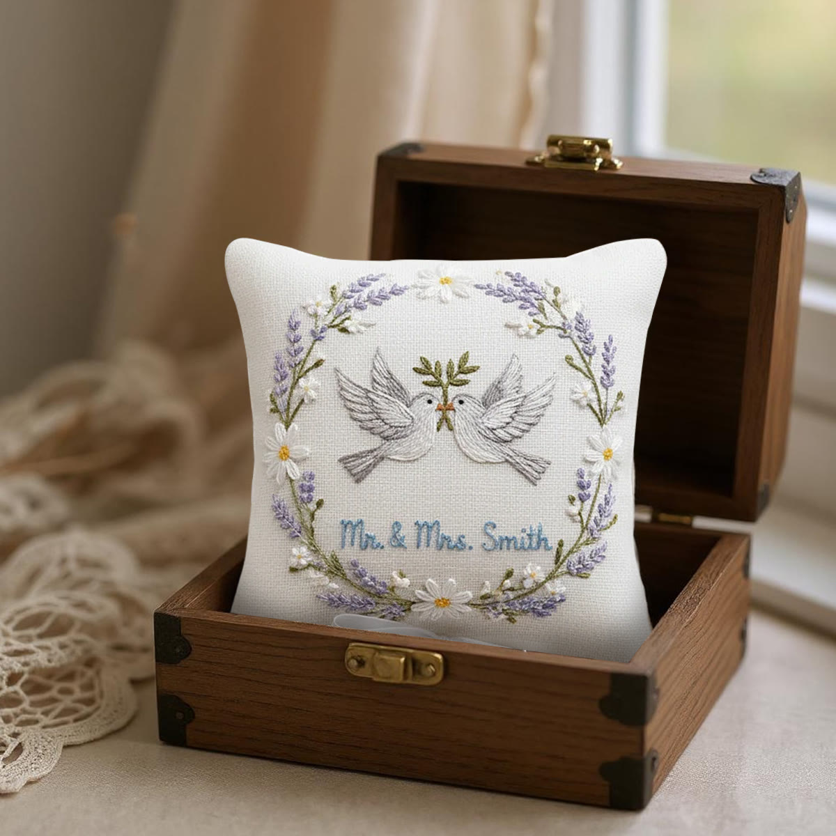 Rubbyoo Personalized Ring Bearer Pillow Embroidery Kit - White Doves Lavender Daisy Wreath | Creative Ring Pillow | Memorable Moments Gift - image 2