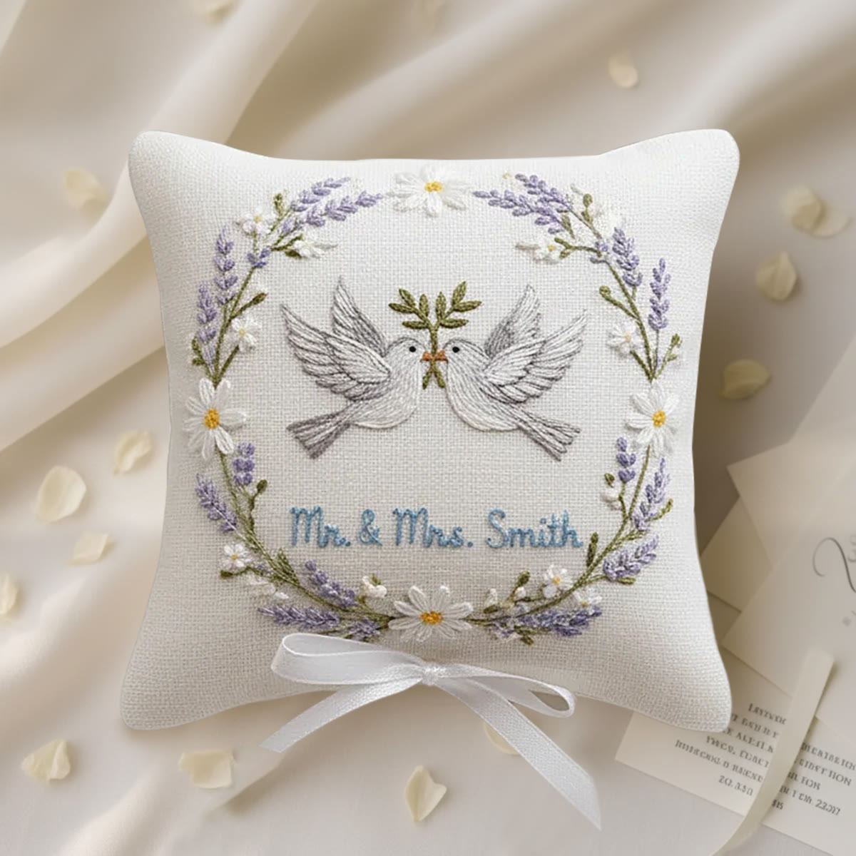 Rubbyoo Personalized Ring Bearer Pillow Embroidery Kit - White Doves Lavender Daisy Wreath | Creative Ring Pillow | Memorable Moments Gift - 6 inches hoop kit - image 1