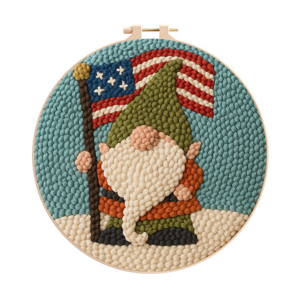 American Flag Patriotic Gnome Punch Needle Kit – Holiday Top Pick | Playful Decorative Accent - 8 inch Hoop Kit - image 1