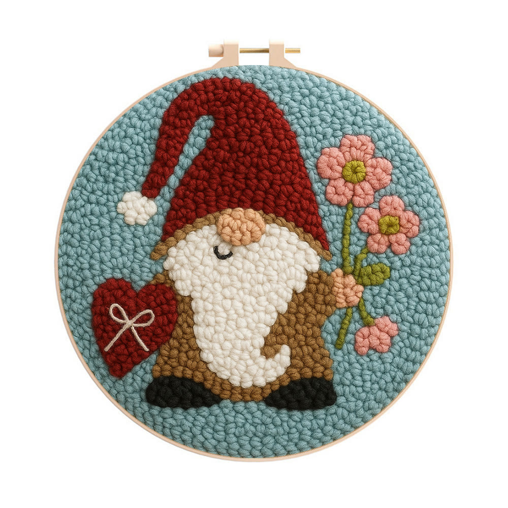 Heart and Flower Themed Gnome Punch Needle Kit – Romantic Gifting Top Pick | Warm Decorative Accent - 8 inch Hoop Kit - image 1