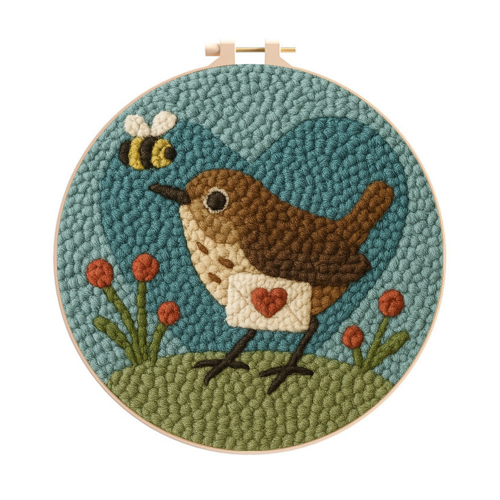 Bird and Bee Heart-Themed Punch Needle Kit – Beginner-Friendly DIY Choice | Charming Decorative Piece - 8 inch Hoop Kit - image 1