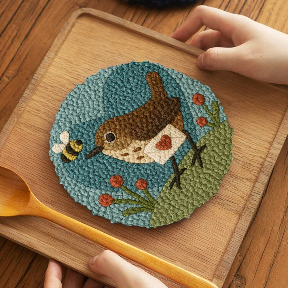 Bird and Bee Heart-Themed Punch Needle Kit – Beginner-Friendly DIY Choice | Charming Decorative Piece - 5 inch Coaster Kit - image 4
