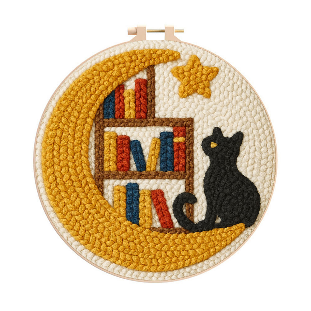 Moon Bookshelf and Black Cat Punch Needle Kit – Gifting Top Pick | Exquisite Hanging Decor - 8 inch Hoop Kit - image 1