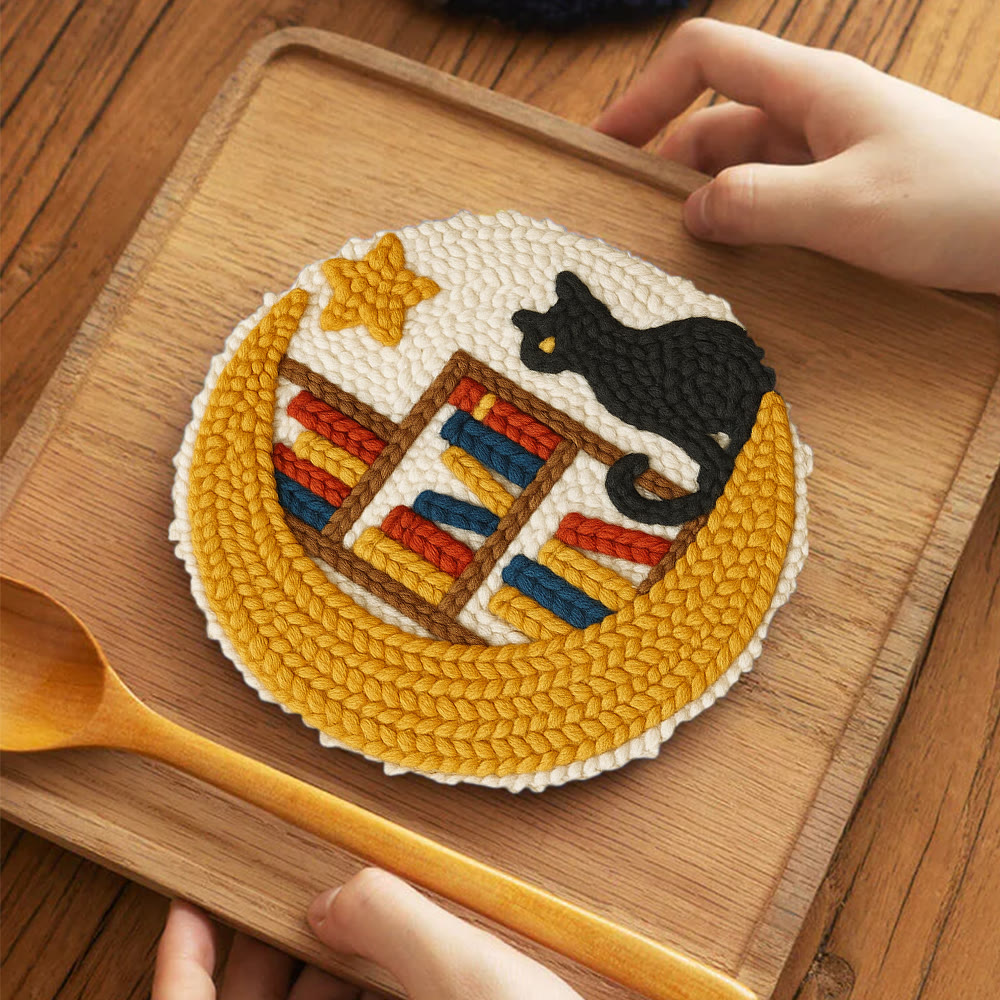 Moon Bookshelf and Black Cat Punch Needle Kit – Gifting Top Pick | Exquisite Hanging Decor - 5 inch Coaster Kit - image 4