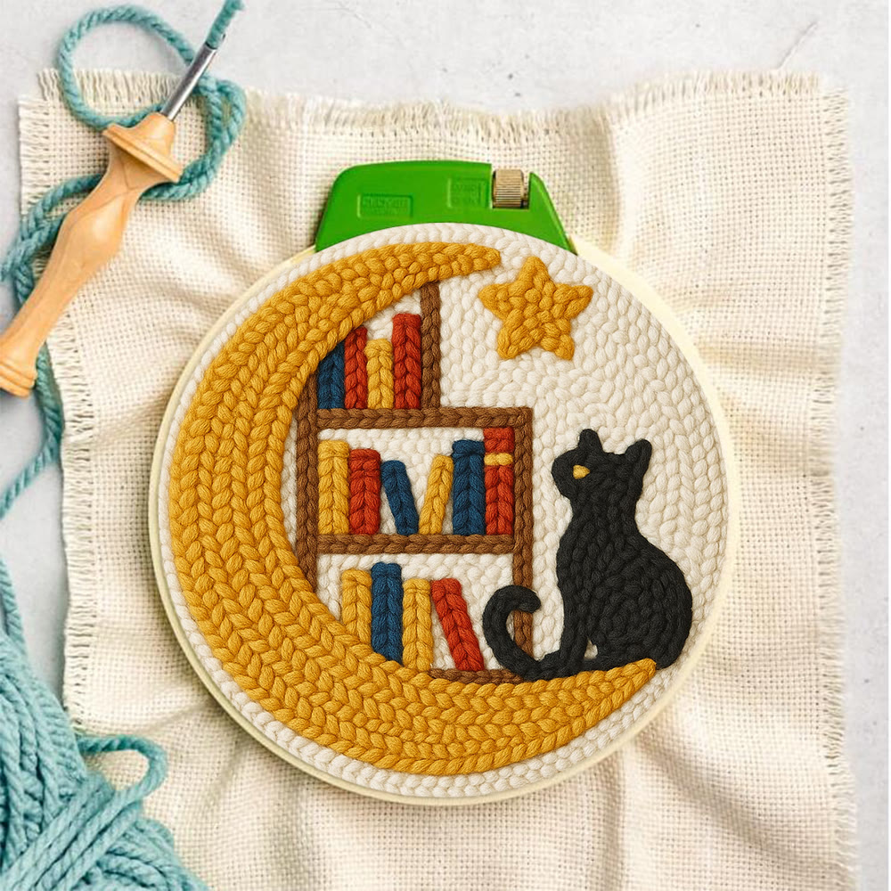 Moon Bookshelf and Black Cat Punch Needle Kit – Gifting Top Pick | Exquisite Hanging Decor - image 3
