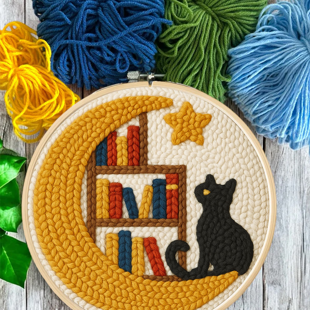 Moon Bookshelf and Black Cat Punch Needle Kit – Gifting Top Pick | Exquisite Hanging Decor - image 2