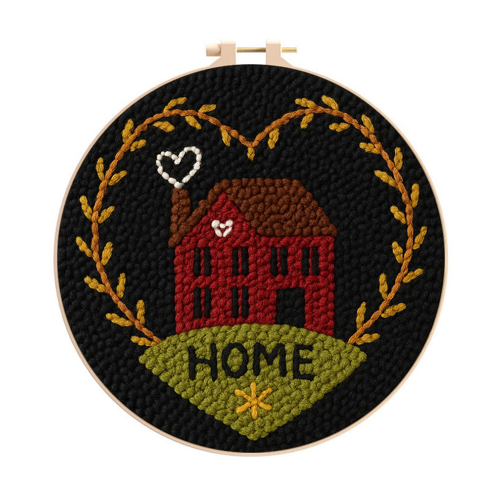 Home-themed House And Wreath Punch Needle Kit – Hassle-free Diy Project | Delightful Handcraft Creation - 8 inch Hoop Kit - image 1