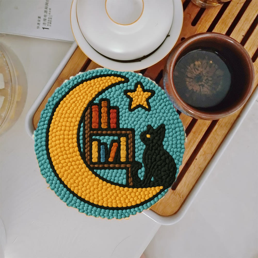 Lunar Bookshelf And Black Cat Punch Needle Kit – Effortless Handcraft Project | Atmospheric Decorative Hanger - 5 inch Coaster Kit - image 4