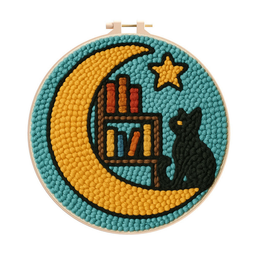Lunar Bookshelf And Black Cat Punch Needle Kit – Effortless Handcraft Project | Atmospheric Decorative Hanger - 8 inch Hoop Kit - image 1