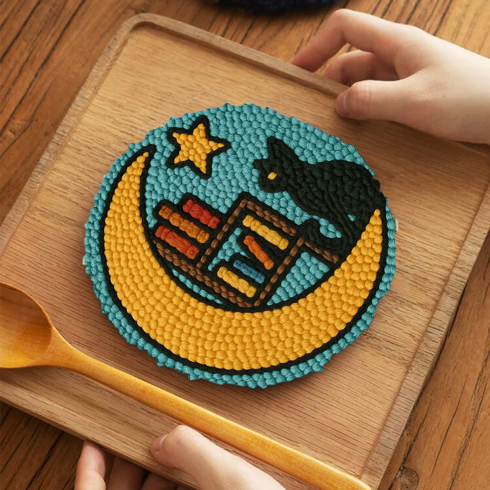 Lunar Bookshelf And Black Cat Punch Needle Kit – Effortless Handcraft Project | Atmospheric Decorative Hanger - image 5