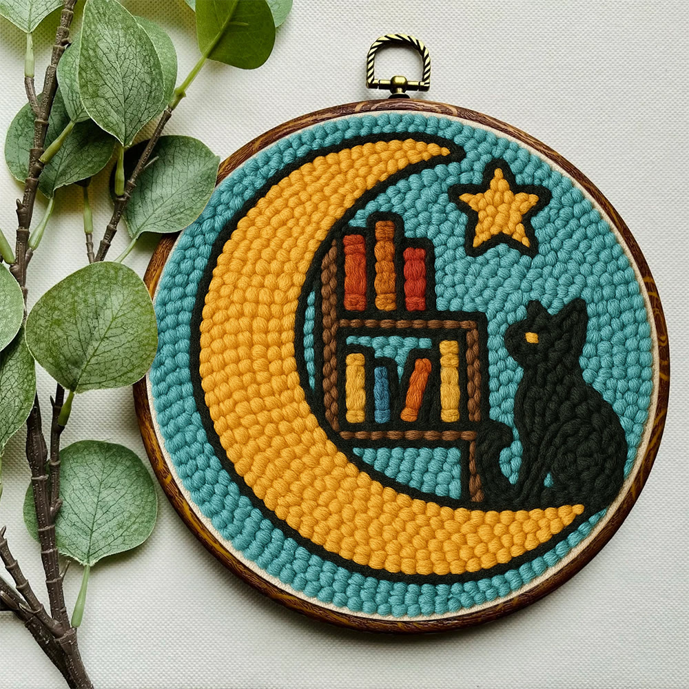 Lunar Bookshelf And Black Cat Punch Needle Kit – Effortless Handcraft Project | Atmospheric Decorative Hanger - image 3