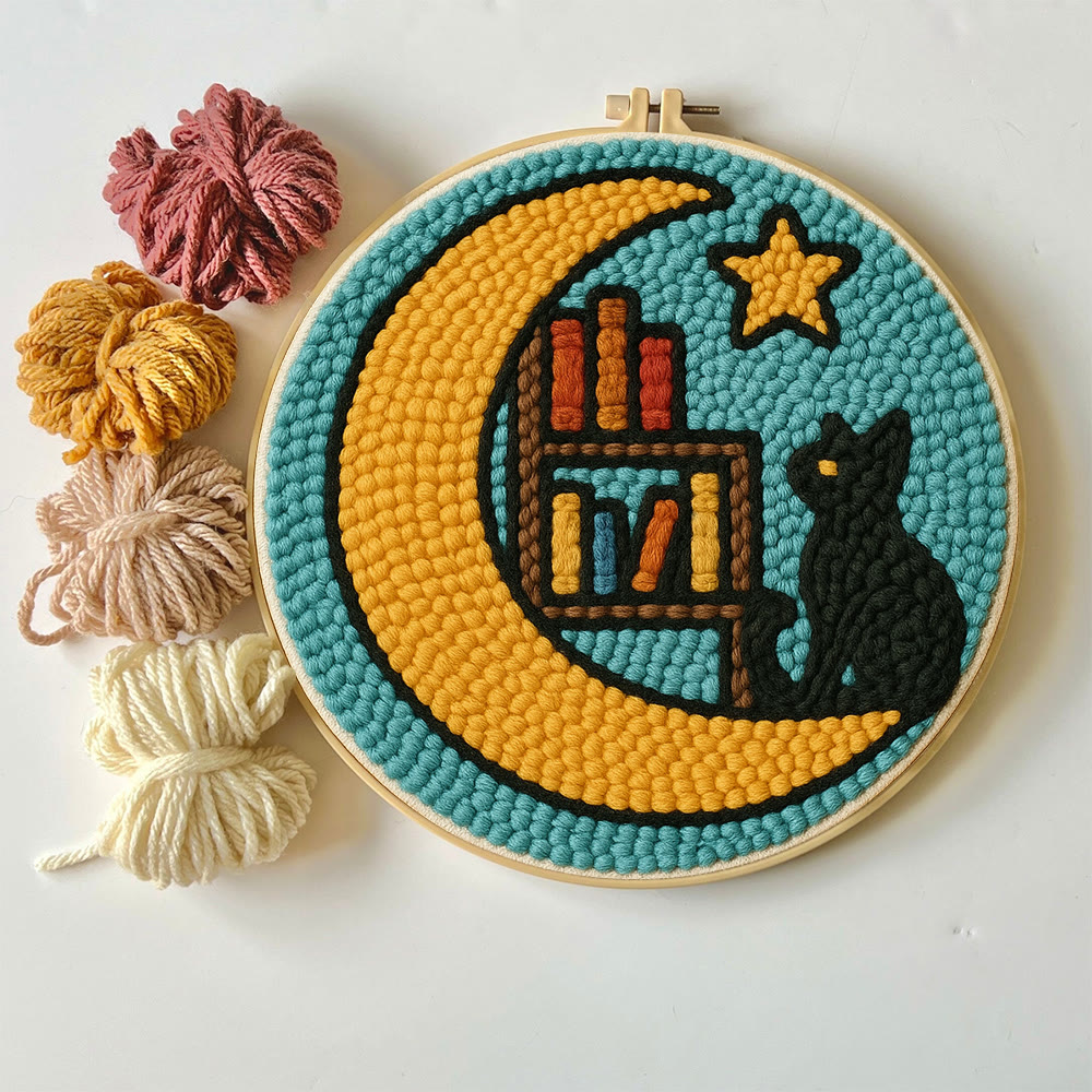Lunar Bookshelf And Black Cat Punch Needle Kit – Effortless Handcraft Project | Atmospheric Decorative Hanger - image 2