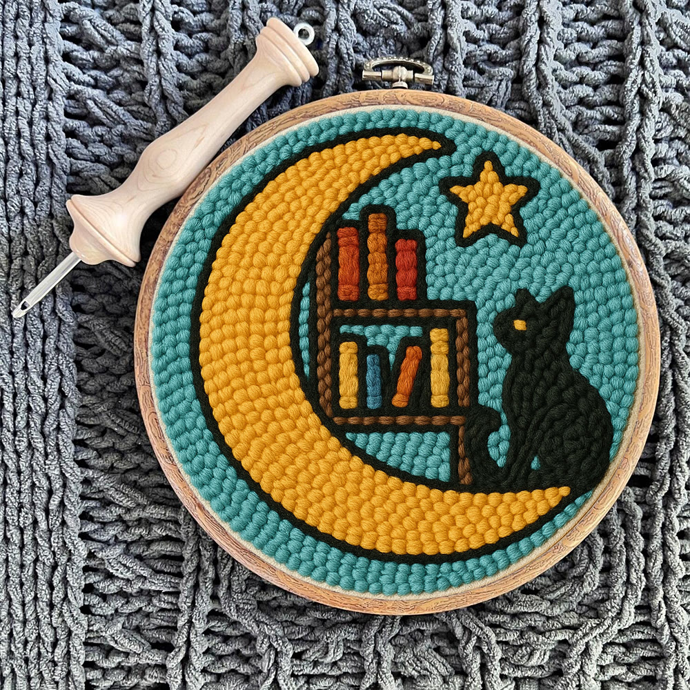 Lunar Bookshelf And Black Cat Punch Needle Kit – Effortless Handcraft Project | Atmospheric Decorative Hanger - image 10