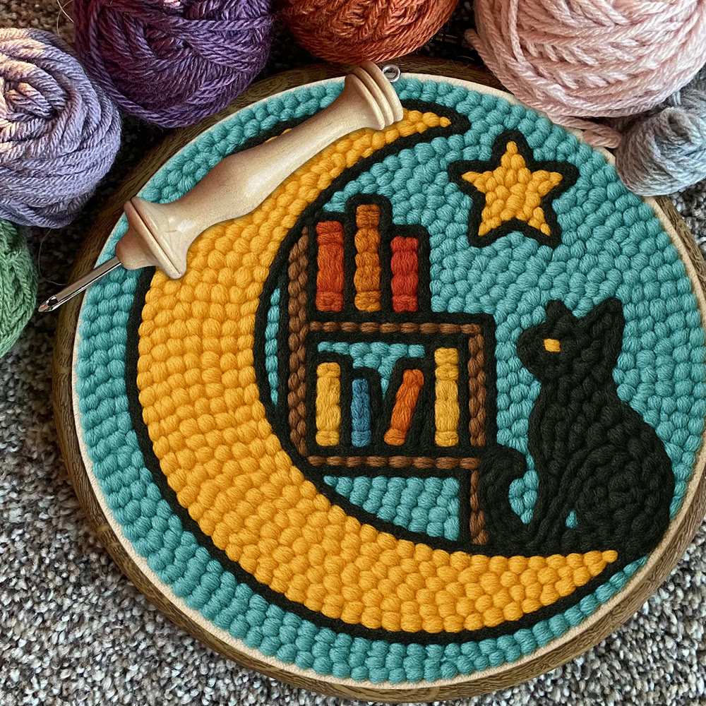 Lunar Bookshelf And Black Cat Punch Needle Kit – Effortless Handcraft Project | Atmospheric Decorative Hanger - image 9