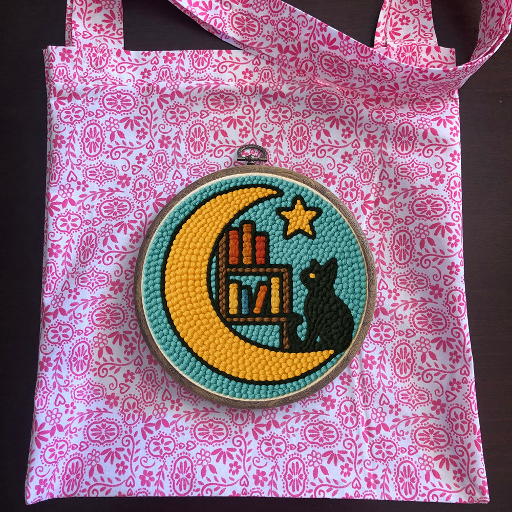 Lunar Bookshelf And Black Cat Punch Needle Kit – Effortless Handcraft Project | Atmospheric Decorative Hanger - image 13