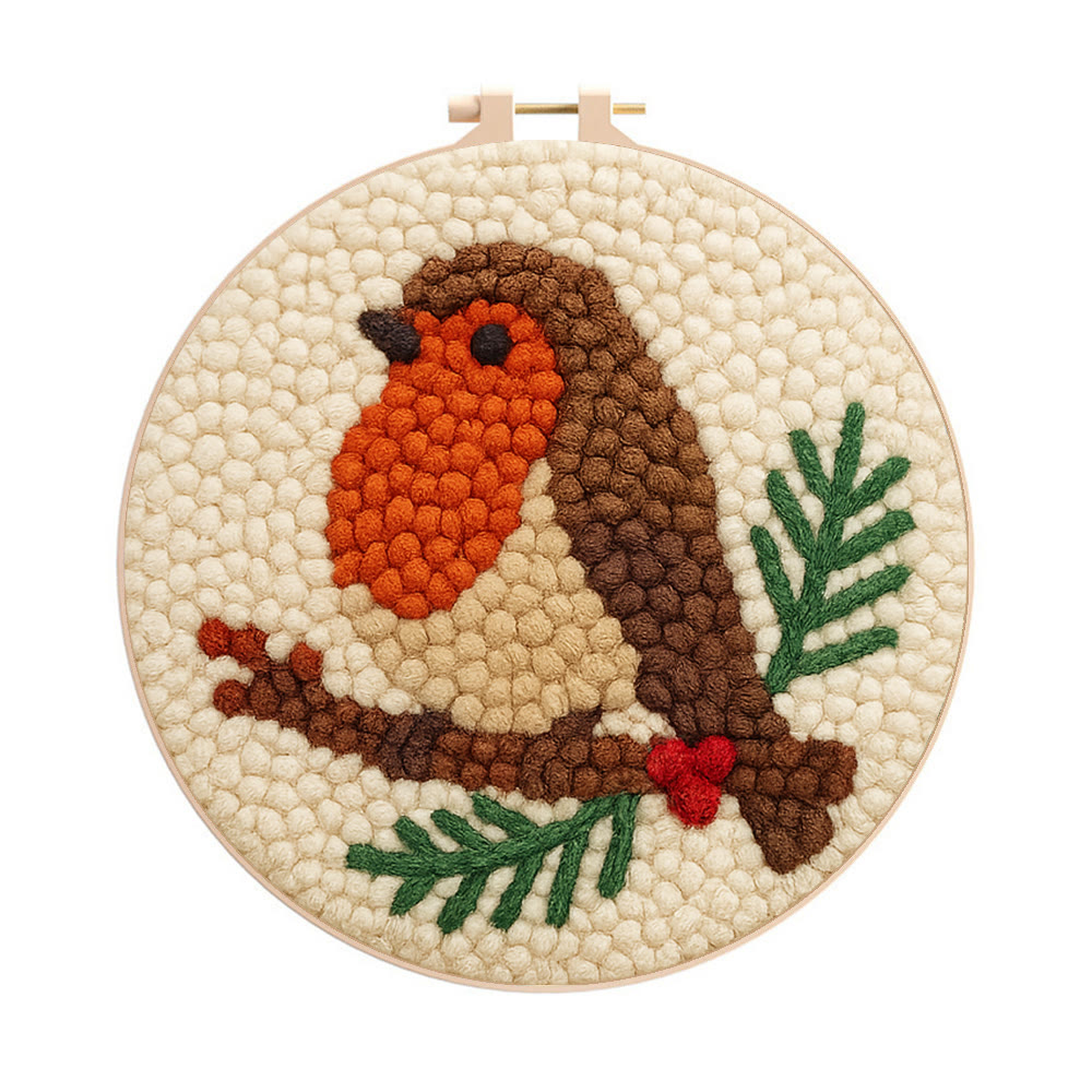 Branch-Perched Robin Punch Needle Kit – Delightful Decor Addition | Uncomplicated Handcraft Art - 8 inch Hoop Kit - image 1