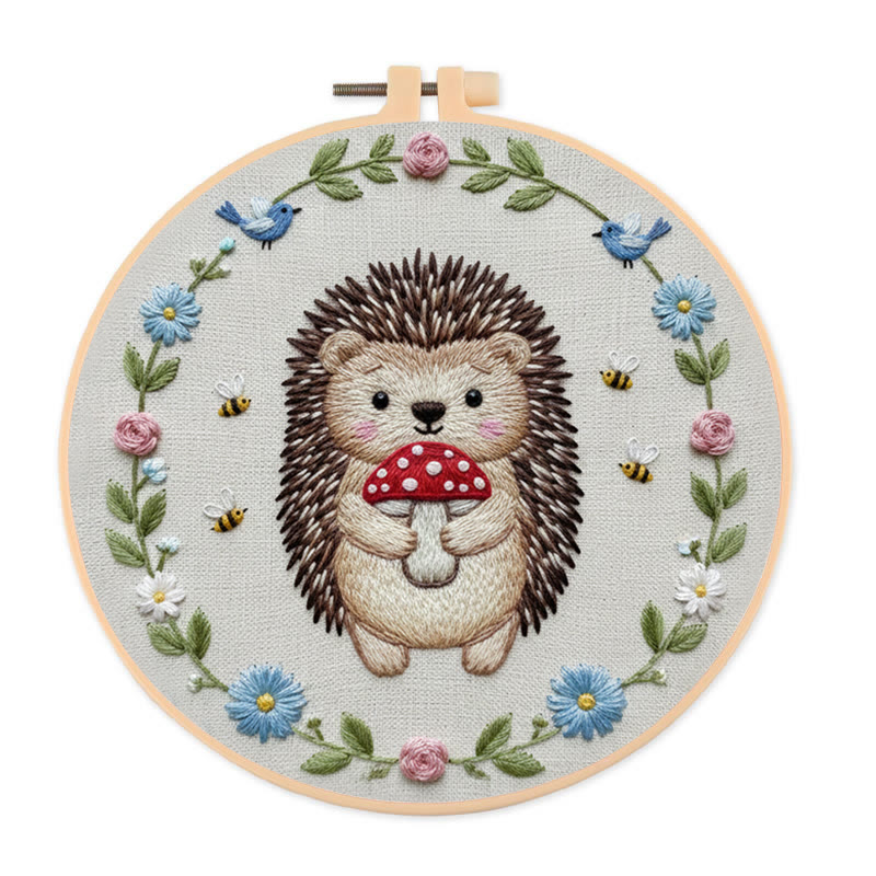 Rubbyoo Embroidery Kit - Mushroom Hedgehog | Adorable Animal Craft | Handmade Stitch Art - 20*20cm - image 1