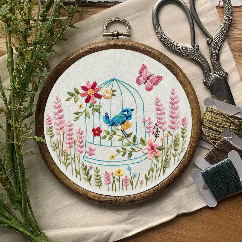 Rubbyoo Embroidery Kit - Bird In A Cage | Floral Handmade Art | Beginner Easy Needlework - image 2