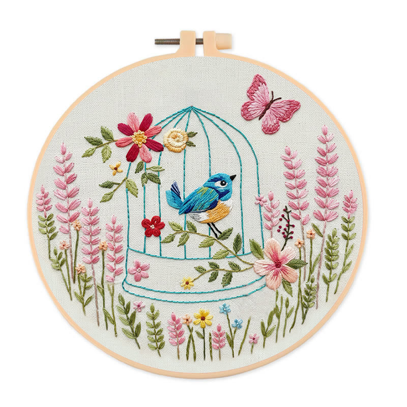 Rubbyoo Embroidery Kit - Bird In A Cage | Floral Handmade Art | Beginner Easy Needlework - 20*20cm - image 1