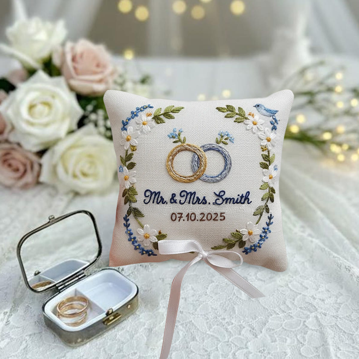 Rubbyoo Personalized Ring Bearer Pillow Embroidery Kit - White Daisy And Blue Flower Wreath | Beginner Diy | Weddings Anniversaries - image 3