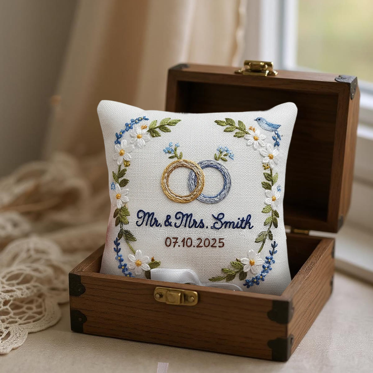 Rubbyoo Personalized Ring Bearer Pillow Embroidery Kit - White Daisy And Blue Flower Wreath | Beginner Diy | Weddings Anniversaries - image 2