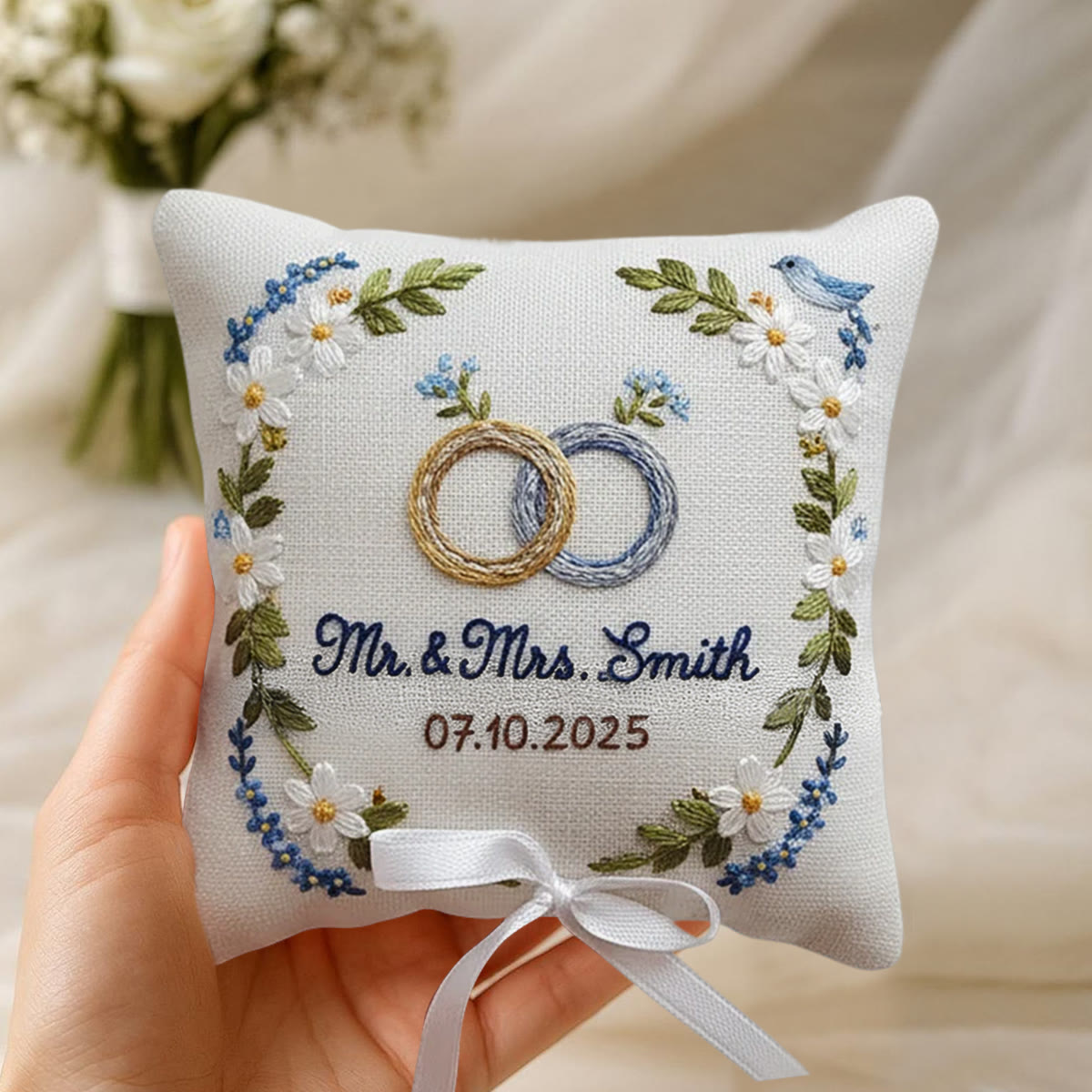 Rubbyoo Personalized Ring Bearer Pillow Embroidery Kit - White Daisy And Blue Flower Wreath | Beginner Diy | Weddings Anniversaries - image 4