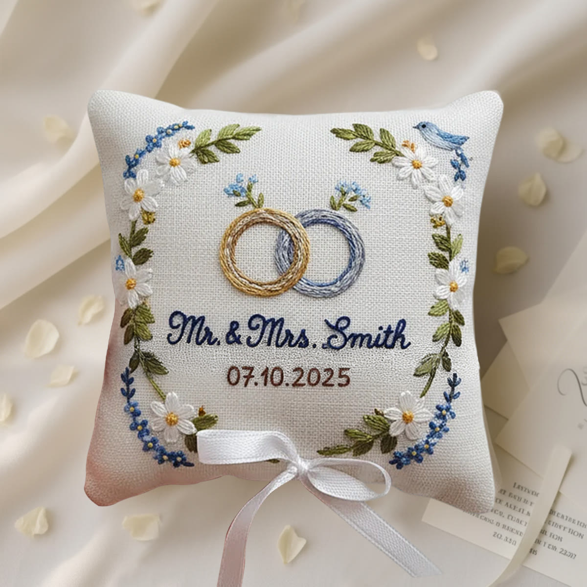 Rubbyoo Personalized Ring Bearer Pillow Embroidery Kit - White Daisy And Blue Flower Wreath | Beginner Diy | Weddings Anniversaries - 6 inches hoop kit - image 1