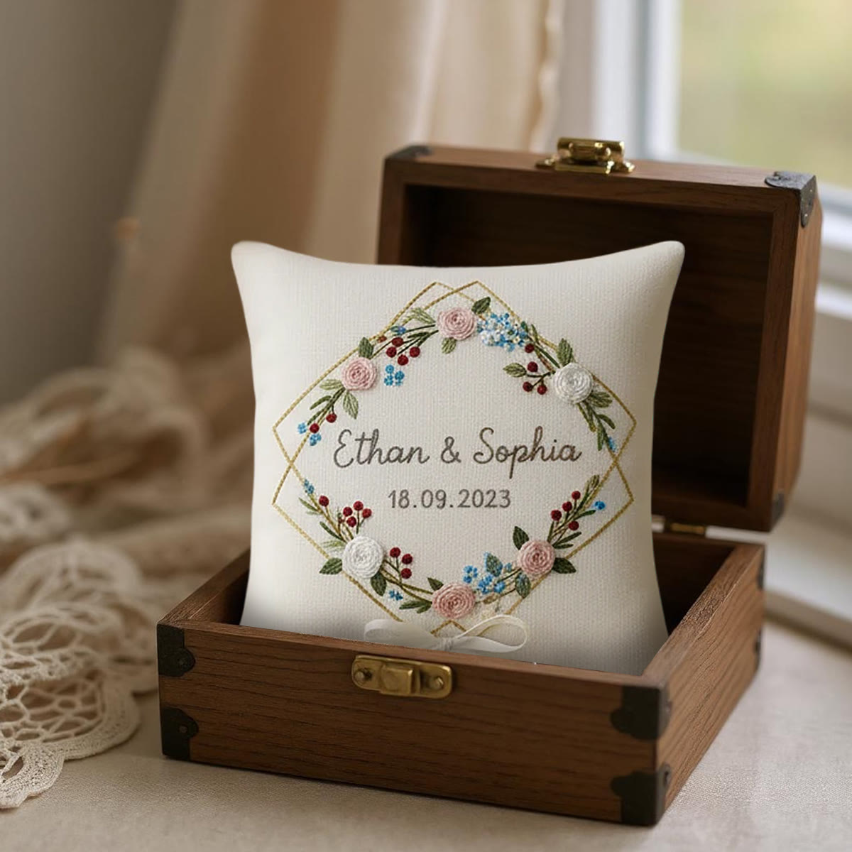 Rubbyoo Personalized Ring Bearer Pillow Embroidery Kit - Floral Wreath Hexagon Decor | Creative Handmade Display | Perfect For Wedding - image 2