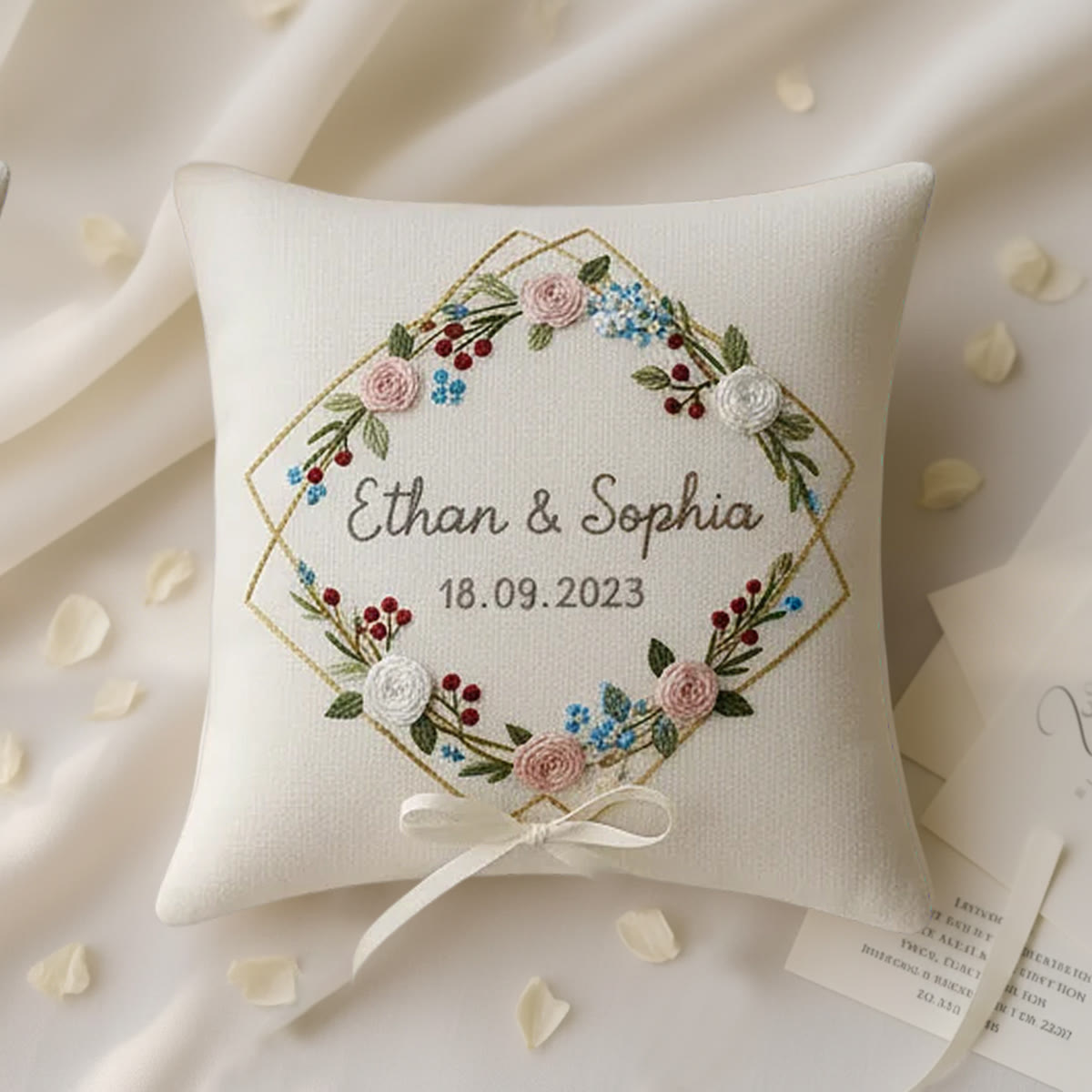 Rubbyoo Personalized Ring Bearer Pillow Embroidery Kit - Floral Wreath Hexagon Decor | Creative Handmade Display | Perfect For Wedding - 6 inches hoop kit - image 1