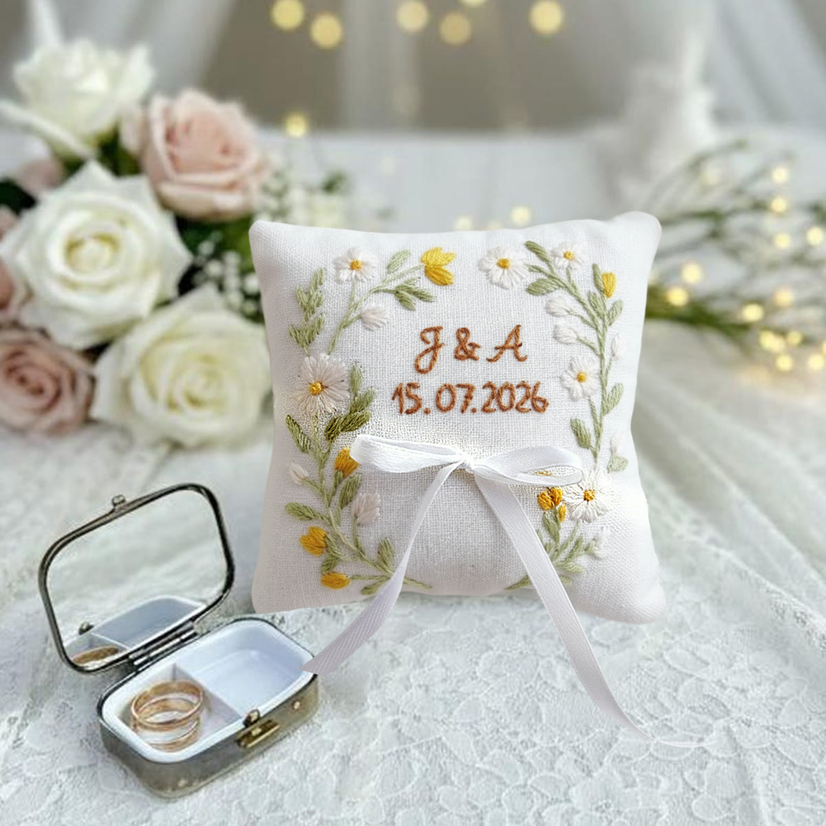 Rubbyoo Personalized Ring Bearer Pillow Embroidery Kit - Daisy Floral Wreath Decor | Exquisite Handmade Creation | Perfect Anniversary Gift - image 3