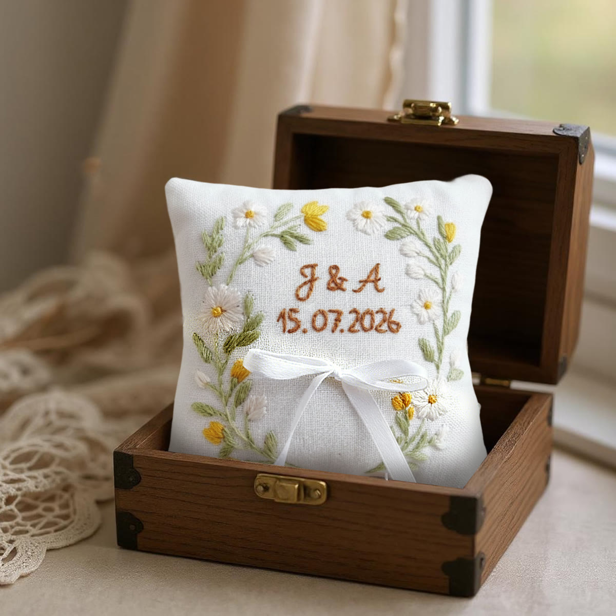 Rubbyoo Personalized Ring Bearer Pillow Embroidery Kit - Daisy Floral Wreath Decor | Exquisite Handmade Creation | Perfect Anniversary Gift - image 2