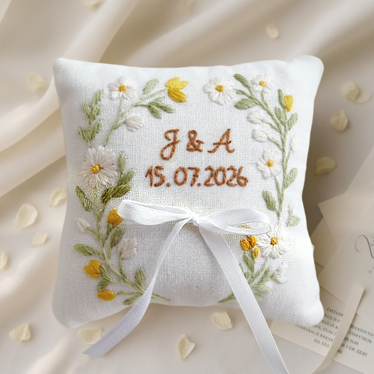 Rubbyoo Personalized Ring Bearer Pillow Embroidery Kit - Daisy Floral Wreath Decor | Exquisite Handmade Creation | Perfect Anniversary Gift - 6 inches hoop kit - image 1