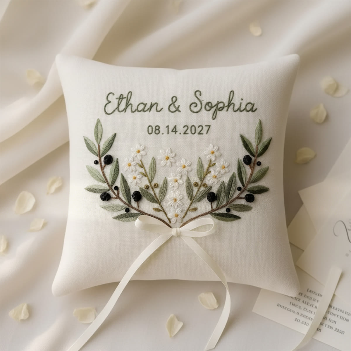 Rubbyoo Personalized Ring Bearer Pillow Embroidery Kit - Olive Branch White Bloom | Delicate Artisanal Handcraft | Thoughtful Milestone Gift - 6 inches hoop kit - image 1